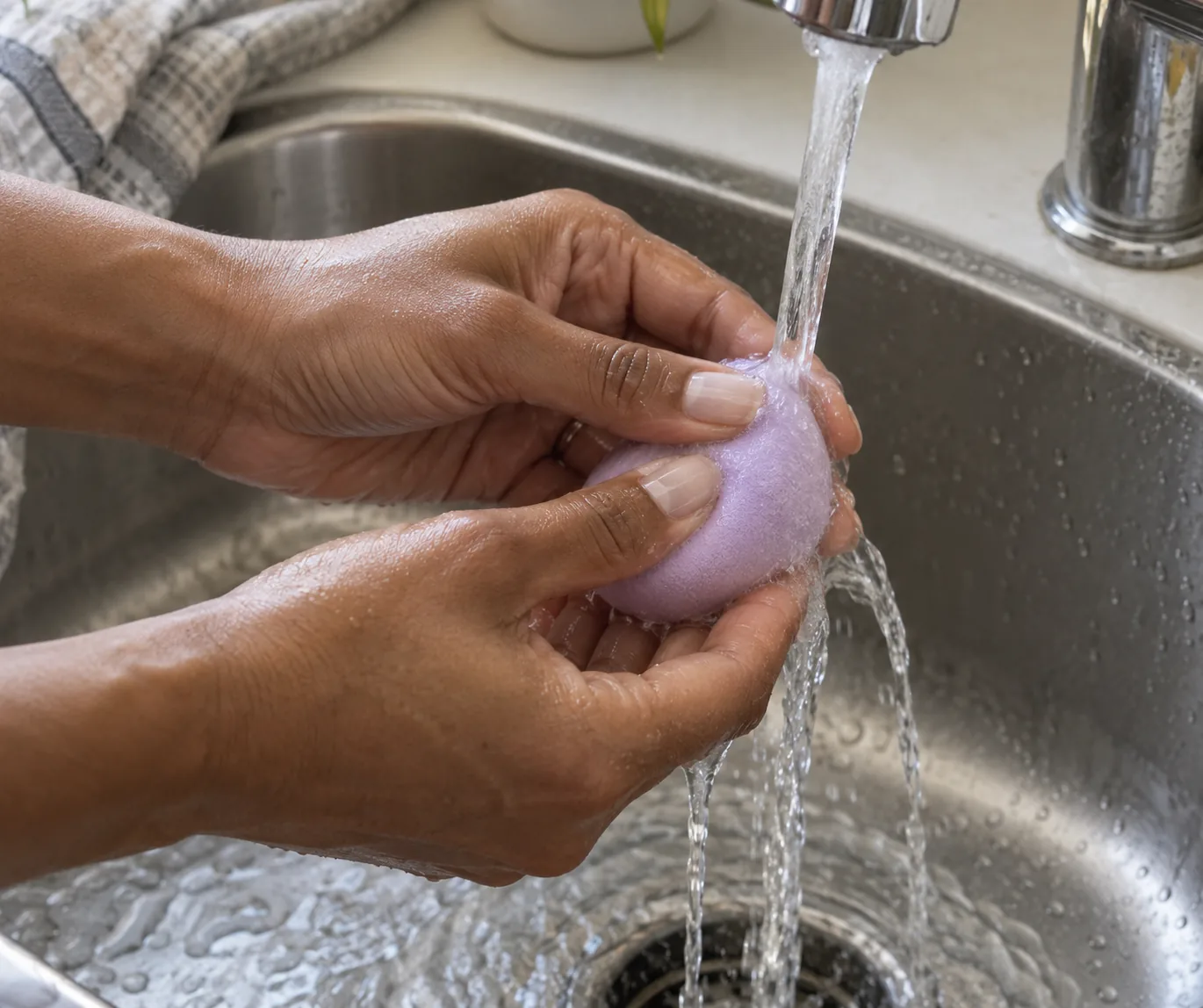 Manos adultas de piel morena comprimen una esponja lila bajo agua corriente en un lavabo de acero