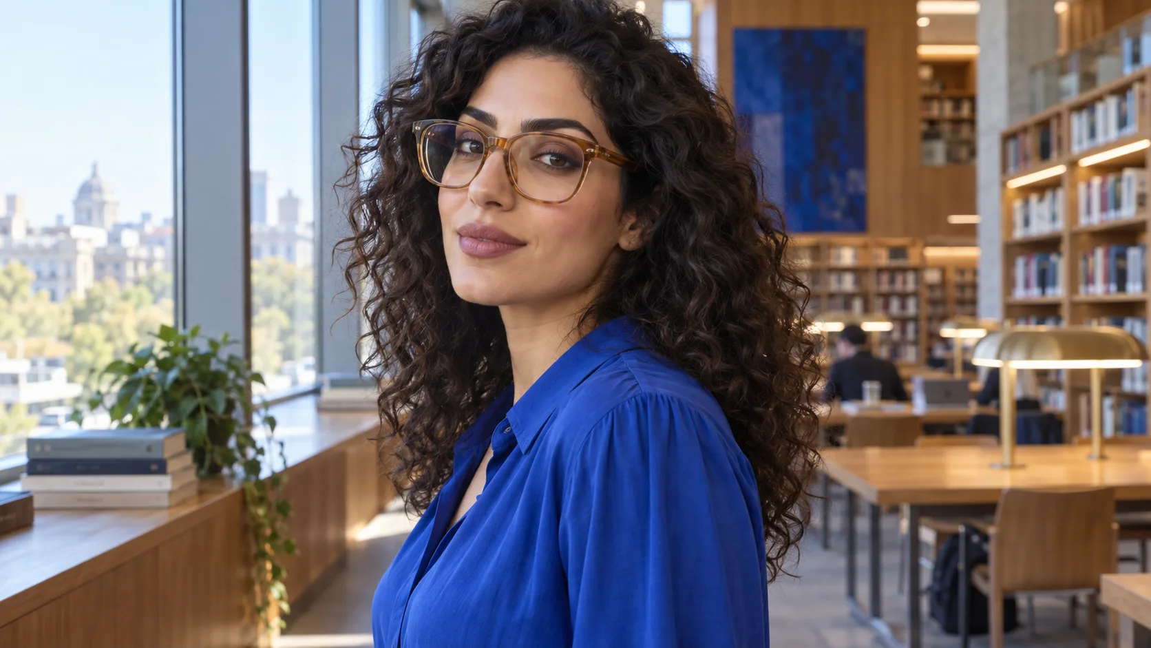 Junge Frau mit dunklen Locken, transparenter bernsteinfarbener Brille und kobaltblauem Hemd am Fenster einer Bibliothek