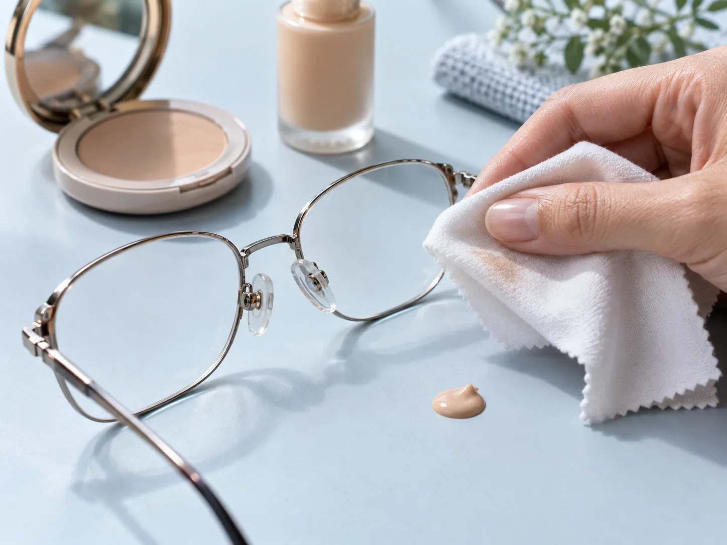 Silberne Brille mit Nasenpads neben Puder, Teintprodukt und sauberem Tuch auf hellblauem Tisch
