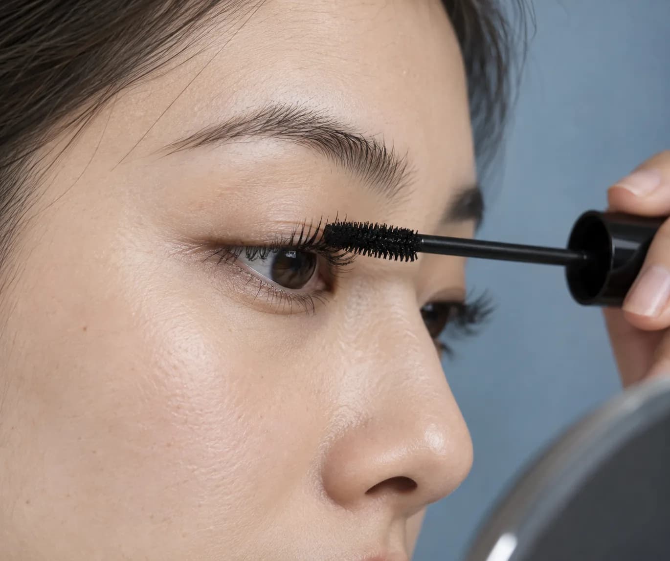 Close side view of an East Asian adult applying mascara to upper lash lengths against a slate blue background