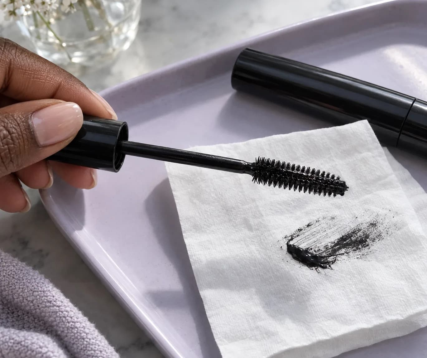 Deep brown hand holds a mascara wand above clean tissue with removed excess pigment on a lavender tray