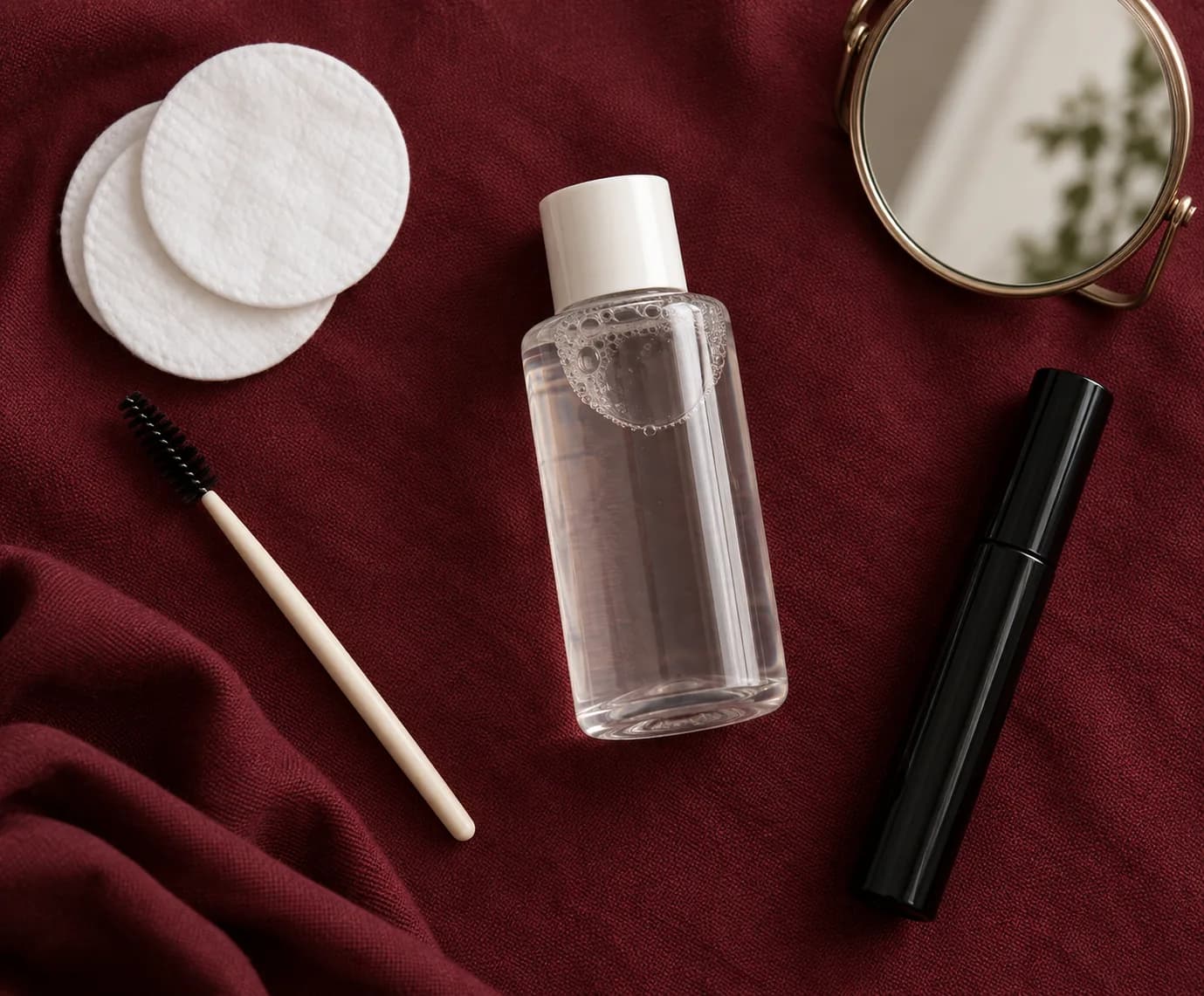 Clean soft lash spoolie, cotton pads, plain remover bottle, mirror and closed mascara tube arranged on burgundy fabric