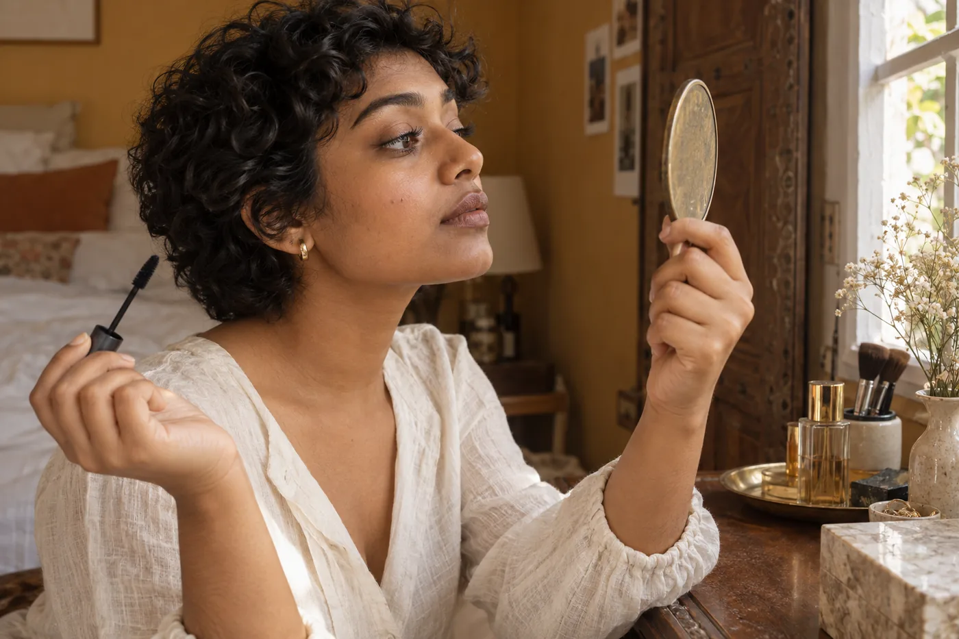 Young South Asian adult with short dark curls checks lightly defined lashes in a mirror at an ochre bedroom vanity