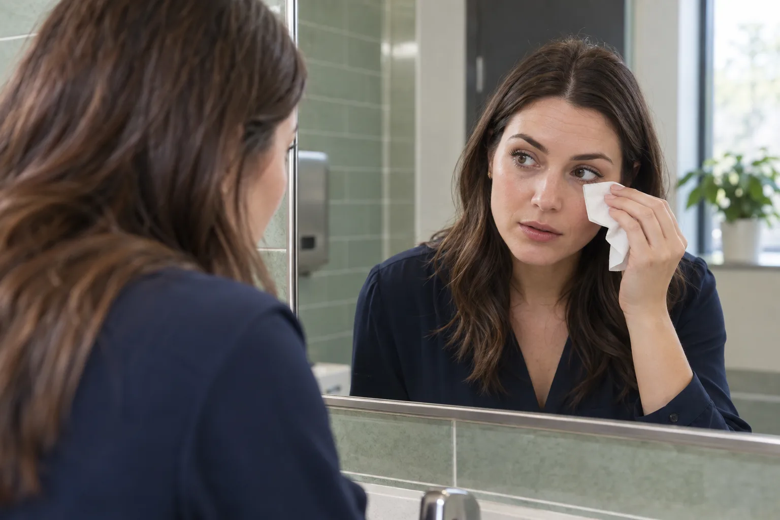 Young brunette in a navy blouse checking beneath one eye with a folded tissue in a bright office washroom mirror