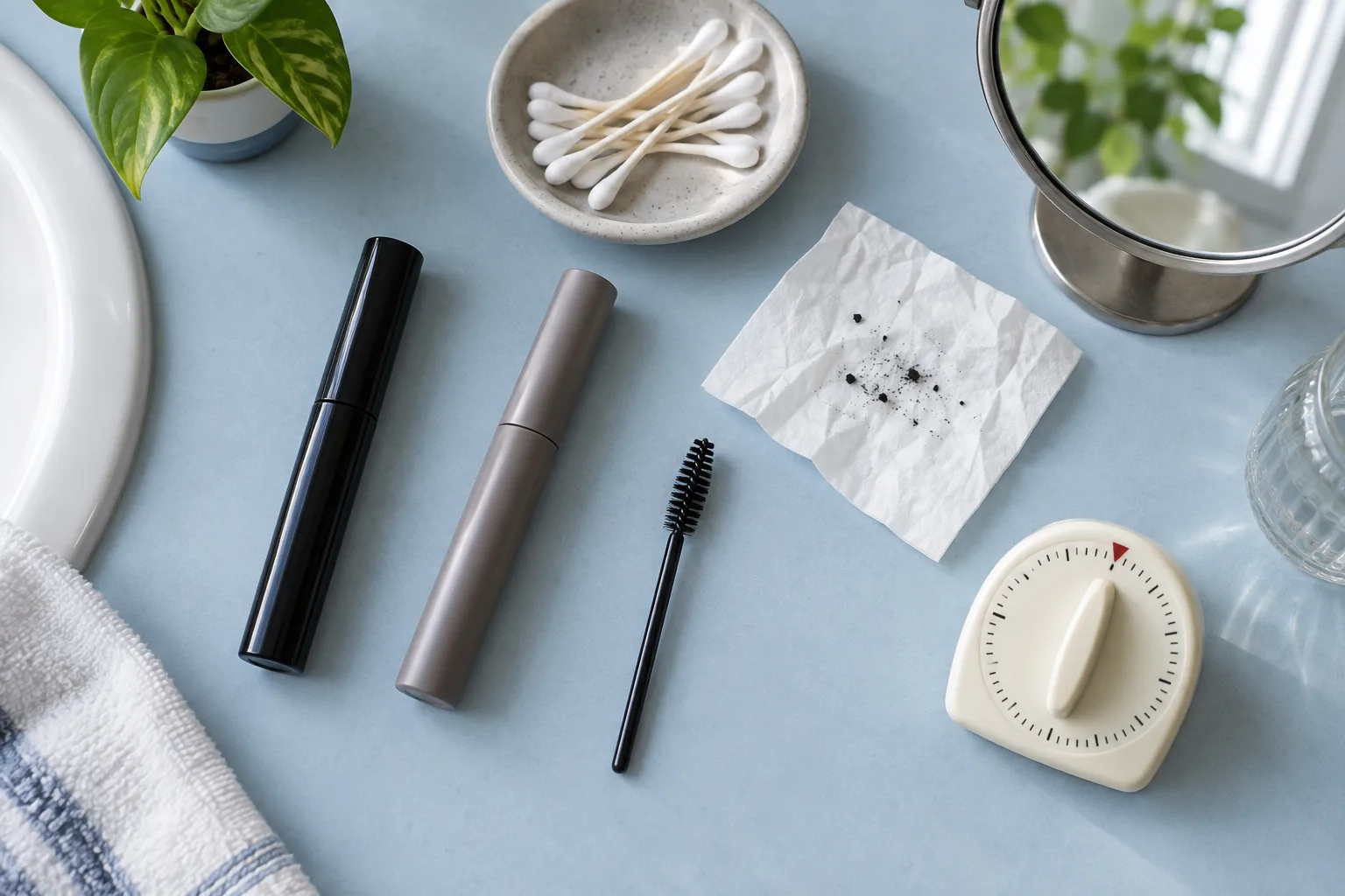 Overhead mascara wear test setup with two unbranded tubes, a spoolie, cotton swabs, mirror, timer and a tissue holding a few black flakes