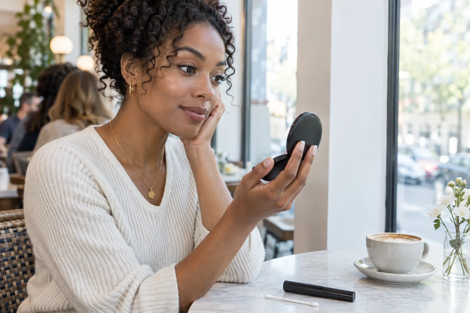 Young Black woman checking her mascara in a compact mirror beside an unbranded tube and cotton swab at a bright cafe table