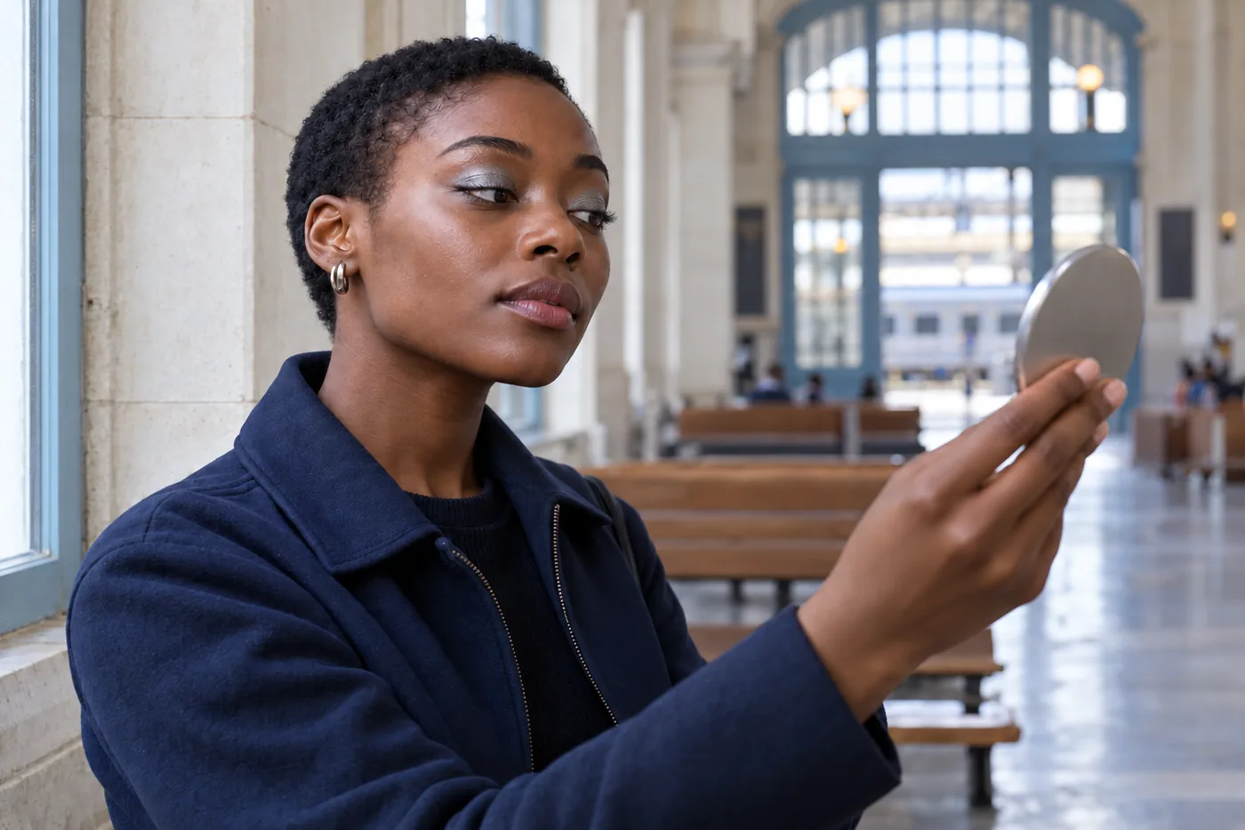 Jeune adulte noire aux cheveux courts et à la veste bleu marine vérifiant son fard argenté dans un miroir à main près d'une fenêtre de gare