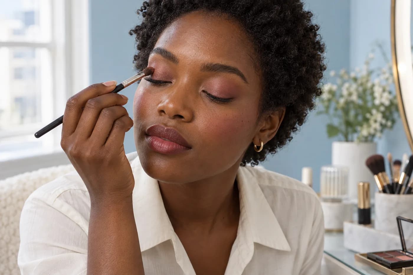 Jeune adulte noire aux boucles naturelles courtes appliquant doucement un fard rose sourd avec un petit pinceau, joues et lèvres dans des tons apparentés