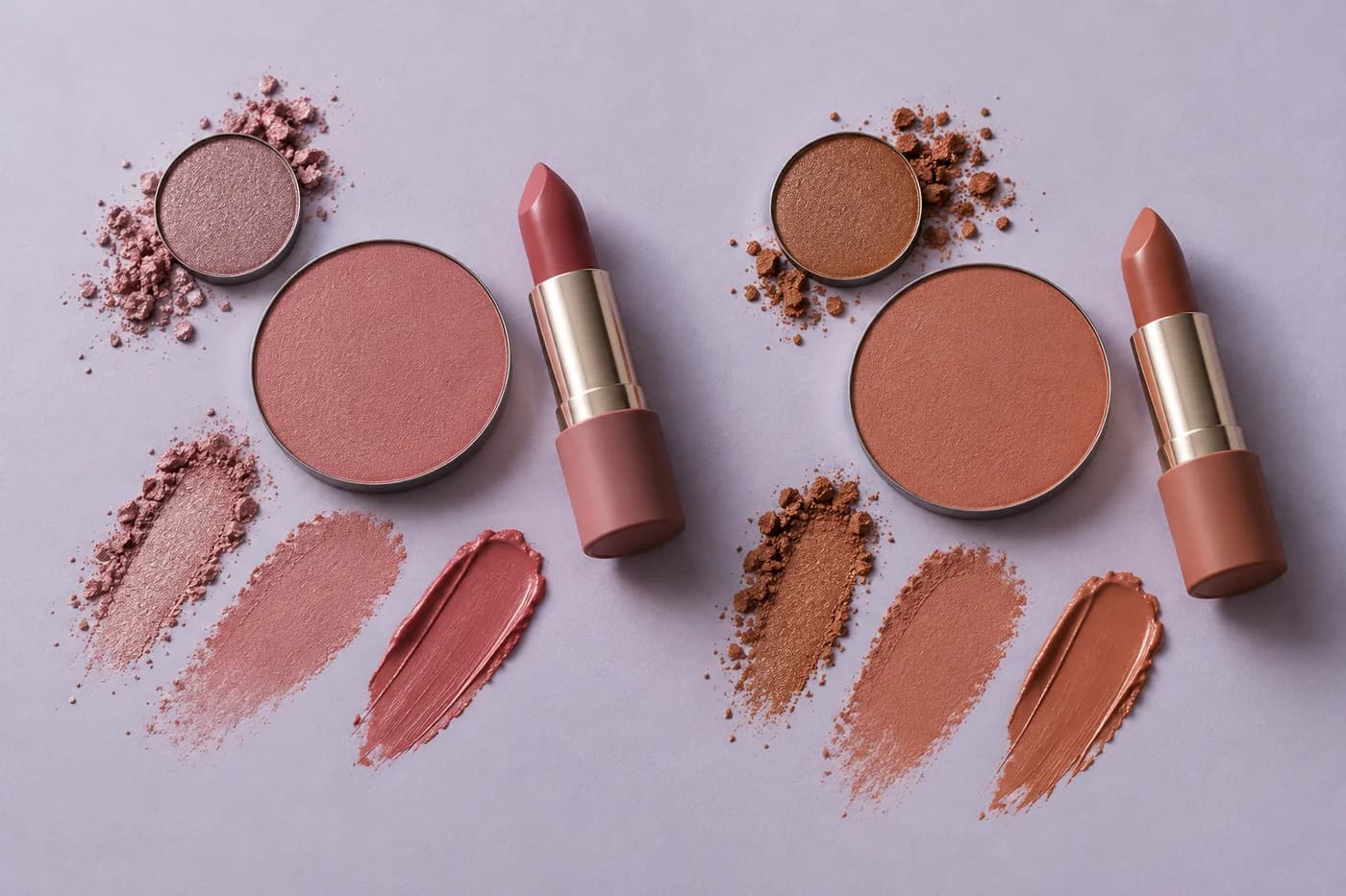 Deux groupes de fard à paupières, blush et rouge à lèvres séparés dans des nuances proches de rose et terracotta avec échantillons sur fond lavande