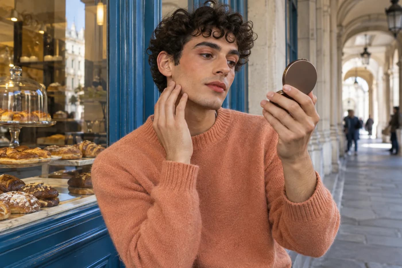 Jeune homme adulte en pull pêche vérifiant son maquillage terracotta dans un petit miroir rond près de la vitrine bleue d’une boulangerie