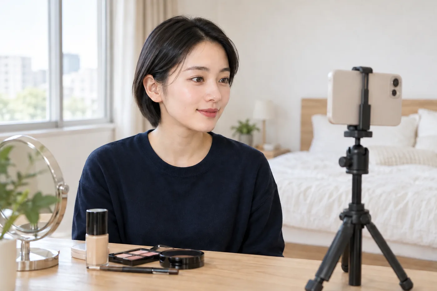 Jeune adulte est-asiatique en pull bleu marine devant un téléphone sur trépied dans une chambre crème lumineuse, yeux, joues et lèvres visibles