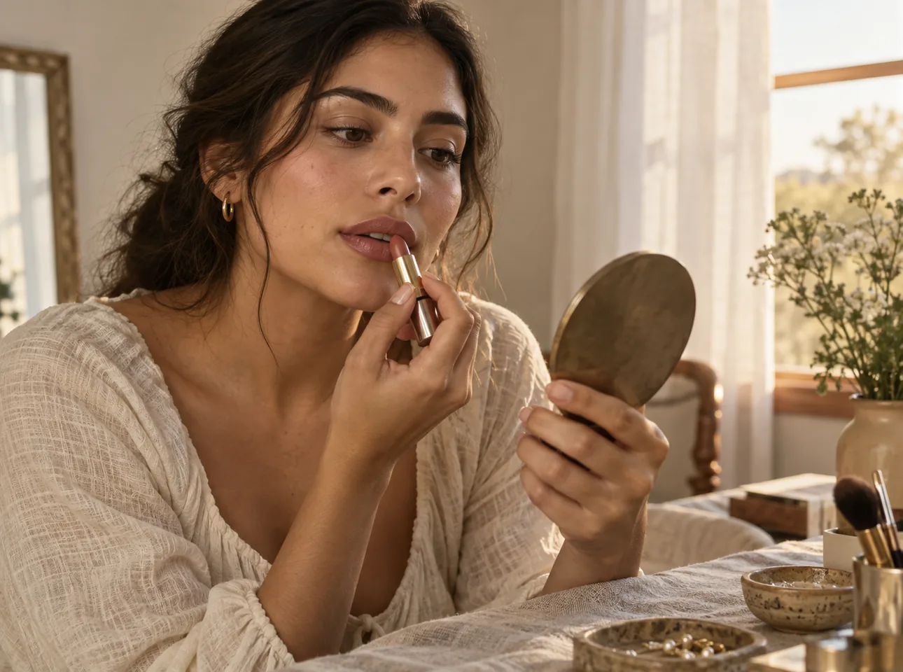 Young adult with olive skin applying a thin rose-brown nude lipstick at a dressing table