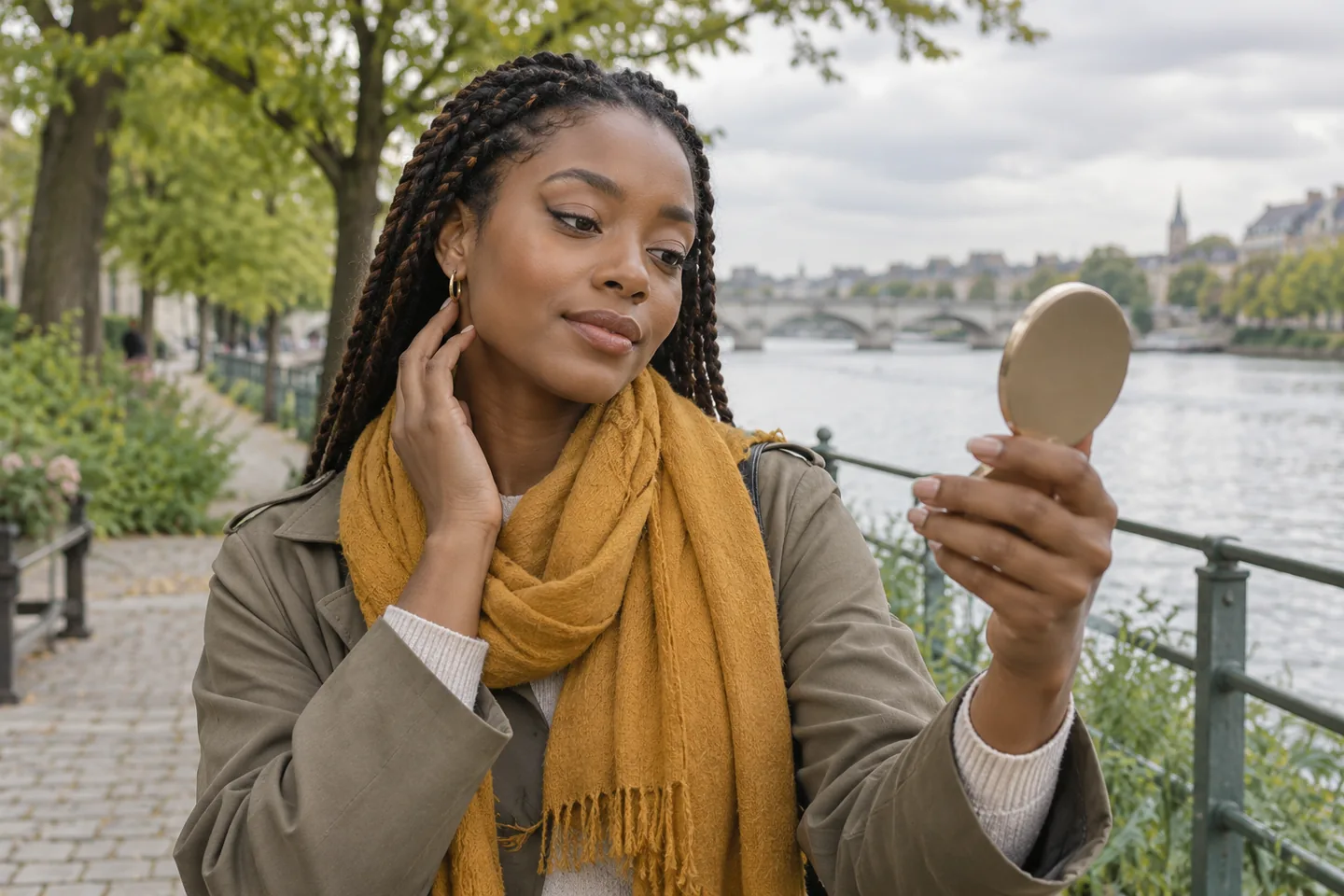 Young woman with a restrained brown nude lip checking the whole face beside a riverside path