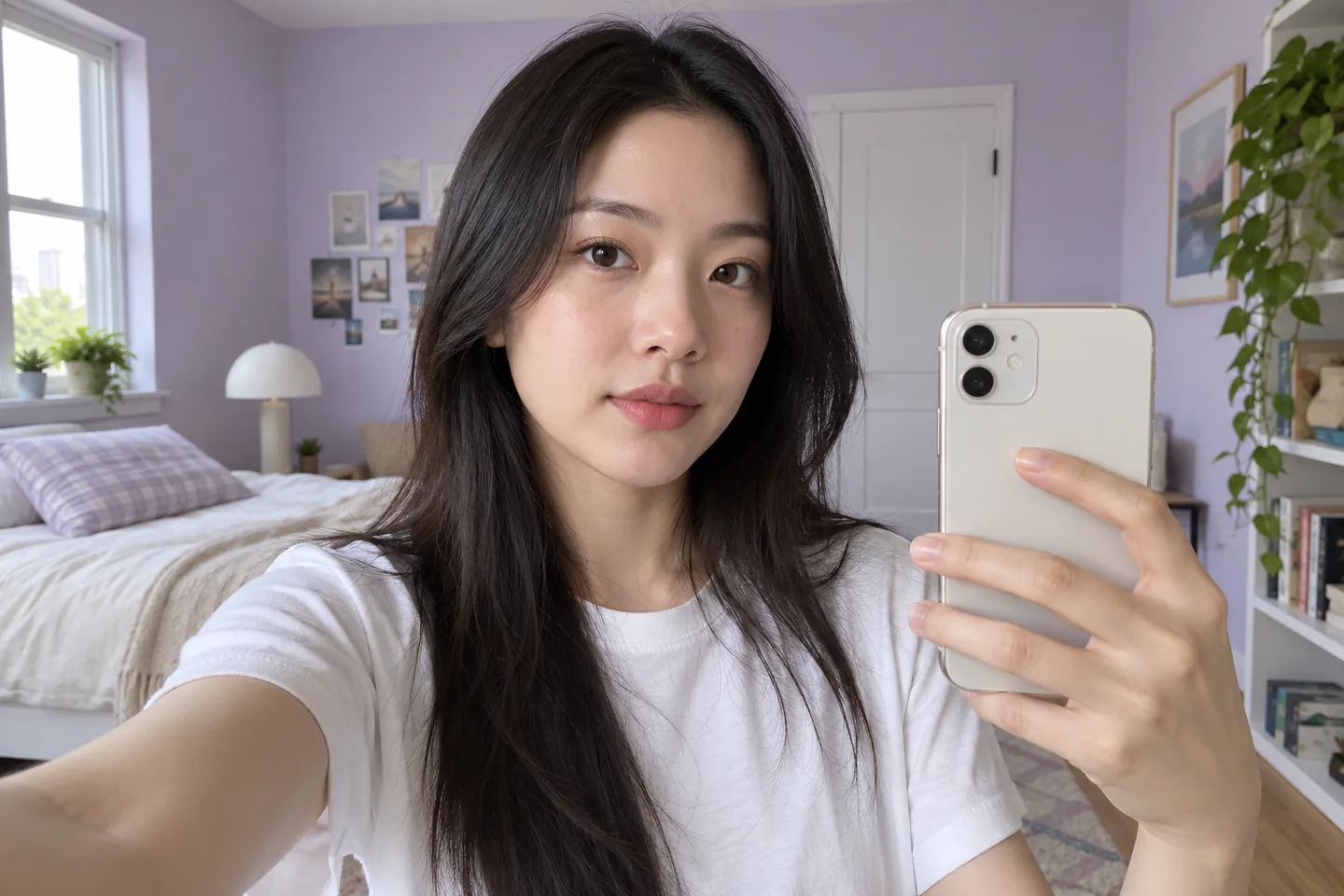 Young adult taking an eye-level neutral face photo near a softly lit apartment window
