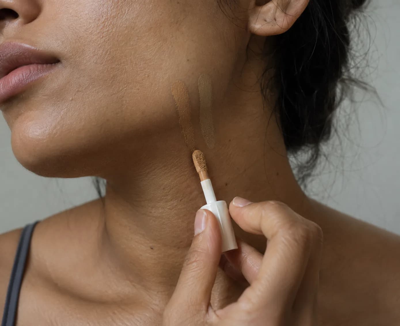 Due strette strisce di fondotinta sulla mandibola e sul collo olivastri applicate con un piccolo strumento pulito