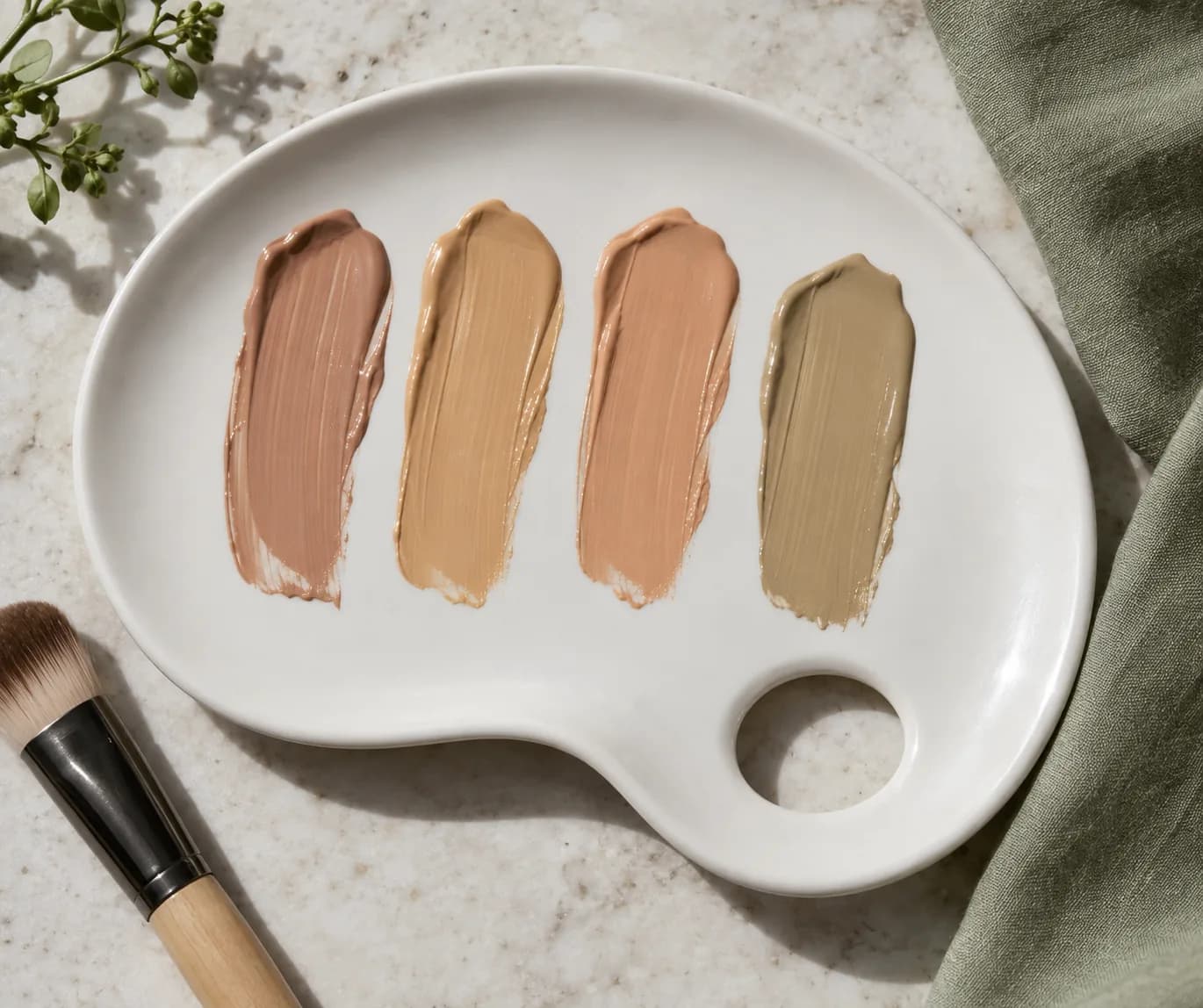Quattro strisce di fondotinta senza marca con profondità simile e riflessi rosa, dorato, pesca e oliva smorzato su ceramica bianca
