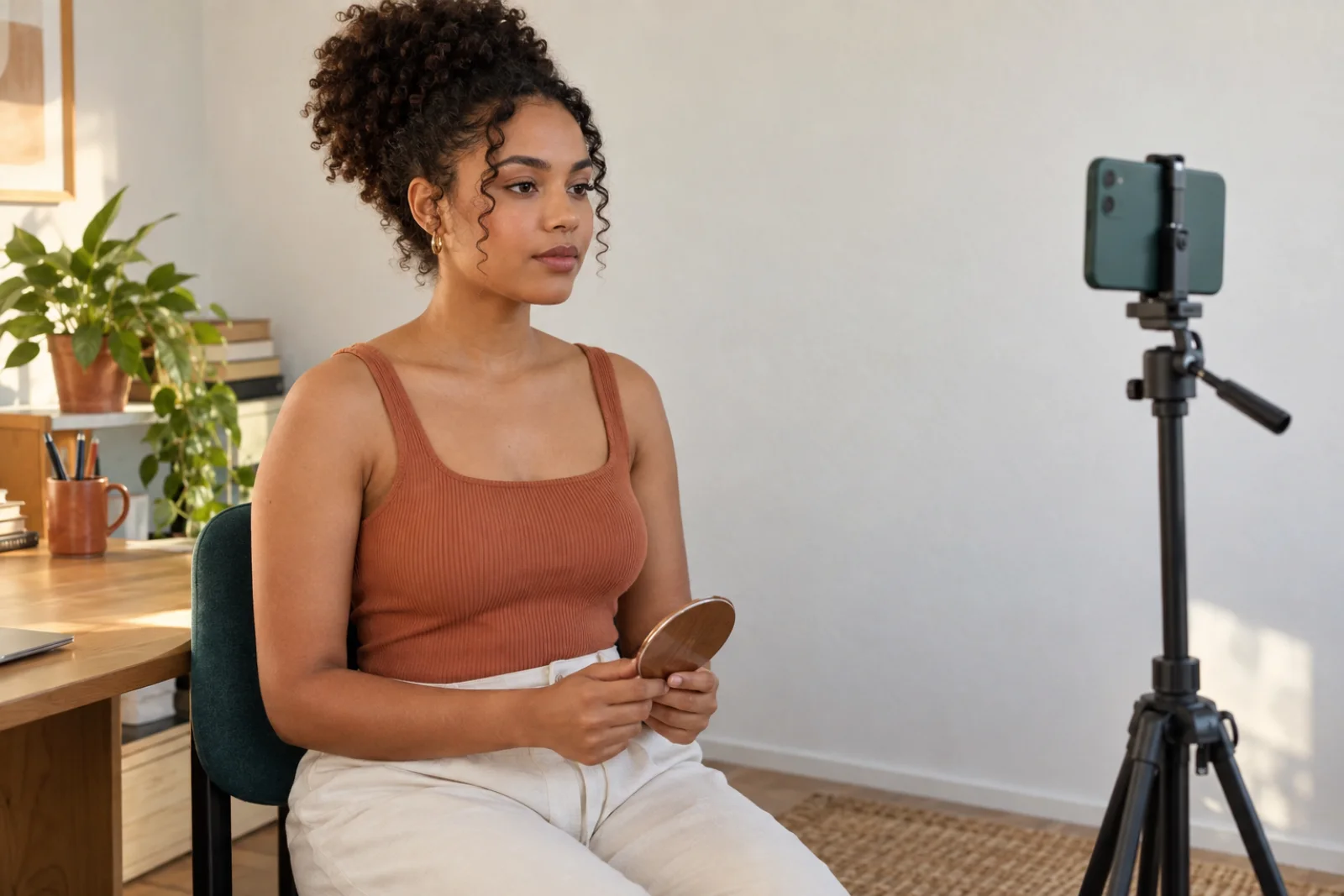 Jovem afro-brasileira sentada diante de parede lisa com celular no tripé na altura dos olhos e espelho compacto ao lado