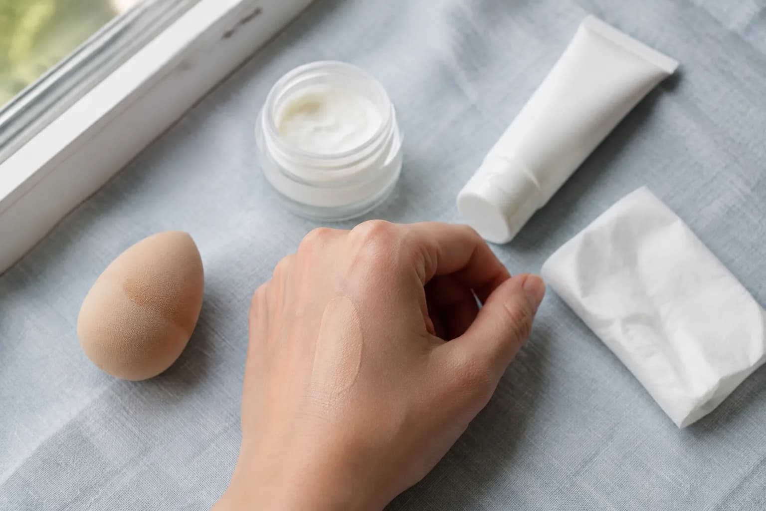 Hand prüft eine dünne gesetzte Base neben sauberem Schwamm, neutraler Creme, Sonnenschutz und Tuch auf hellblauem Leinen