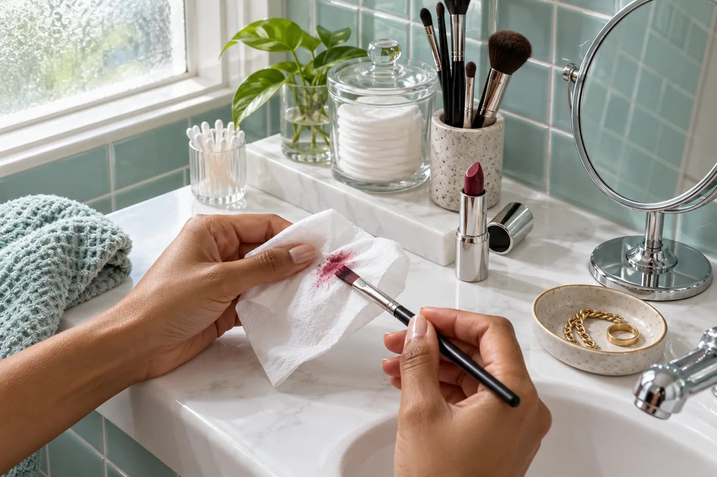 Manos adultas de piel marrón retiran pigmento de un pincel de labios con un pañuelo blanco sobre una encimera de baño con azulejos aguamarina