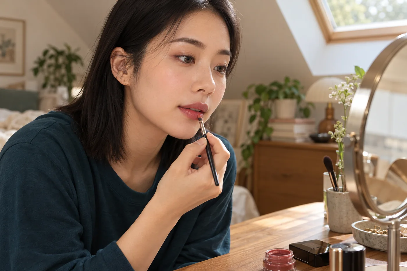 Joven adulta de Asia oriental con camiseta verde azulado toca el labio inferior con un pincel pequeño ante un espejo en una habitación abuhardillada crema