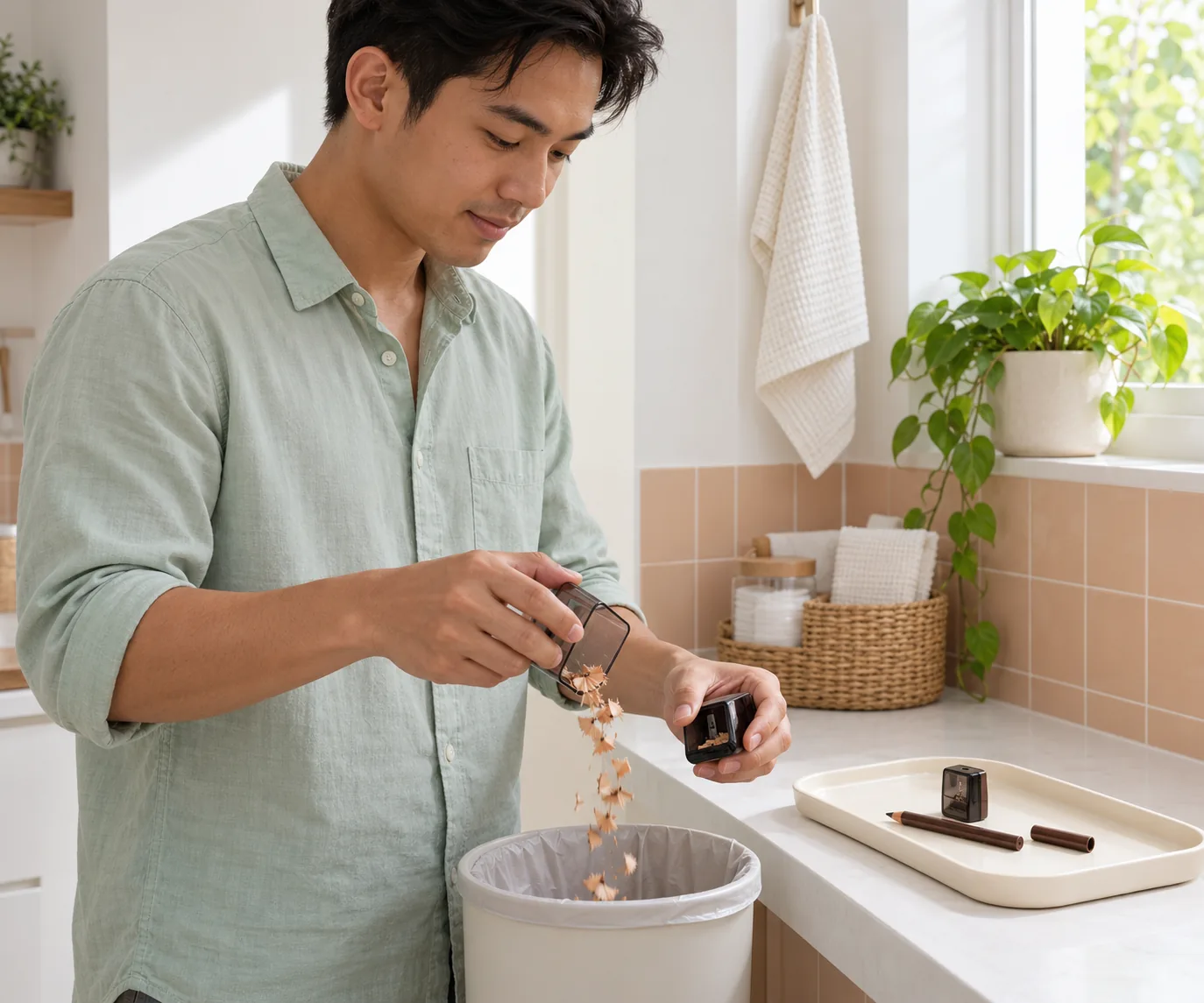 Young man in a mint shirt emptying pencil shavings from a collection lid into a bin beside a capped eye pencil