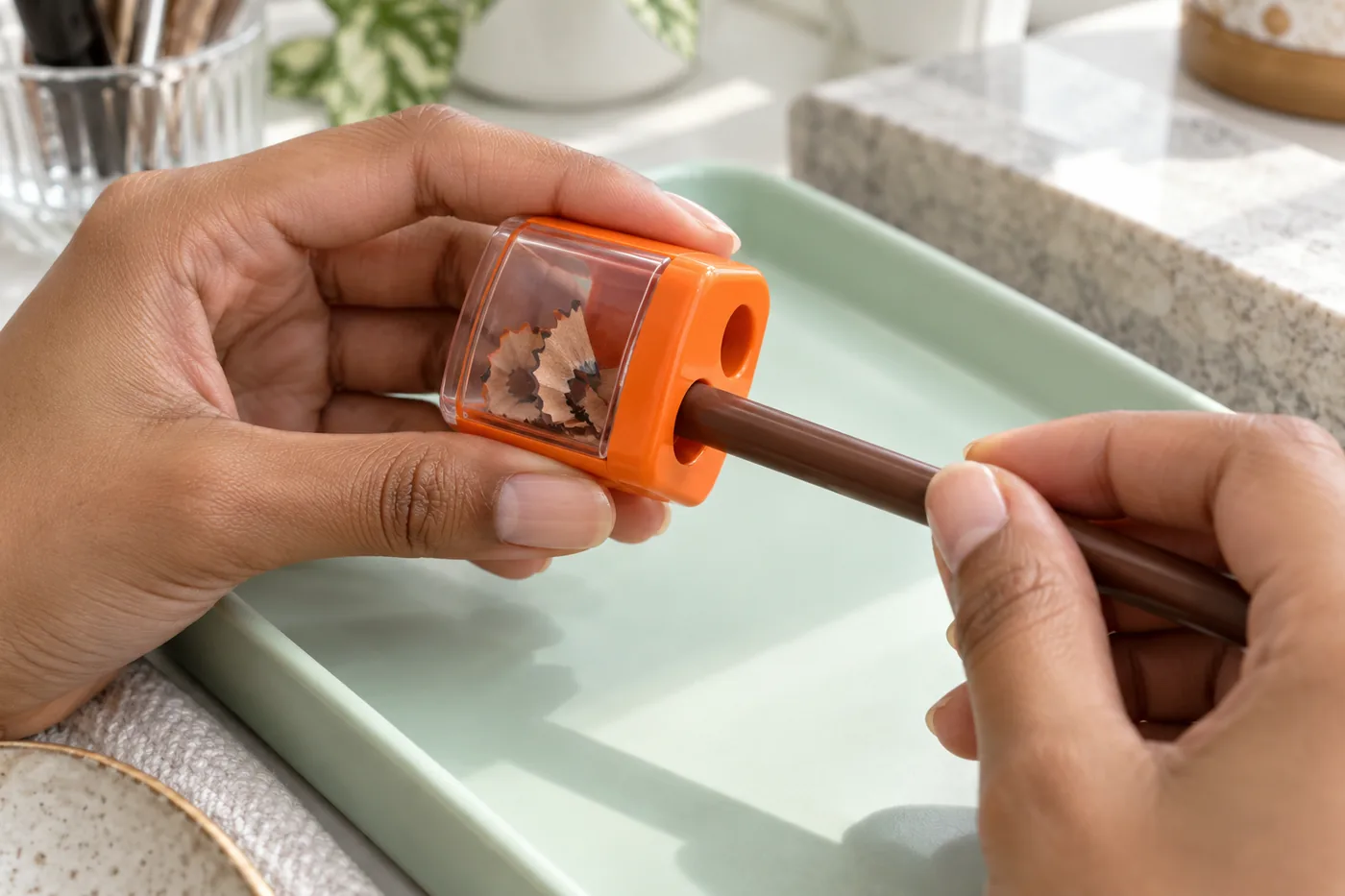 Hands aligning a brown eye pencil into an orange cosmetic sharpener above a mint tray
