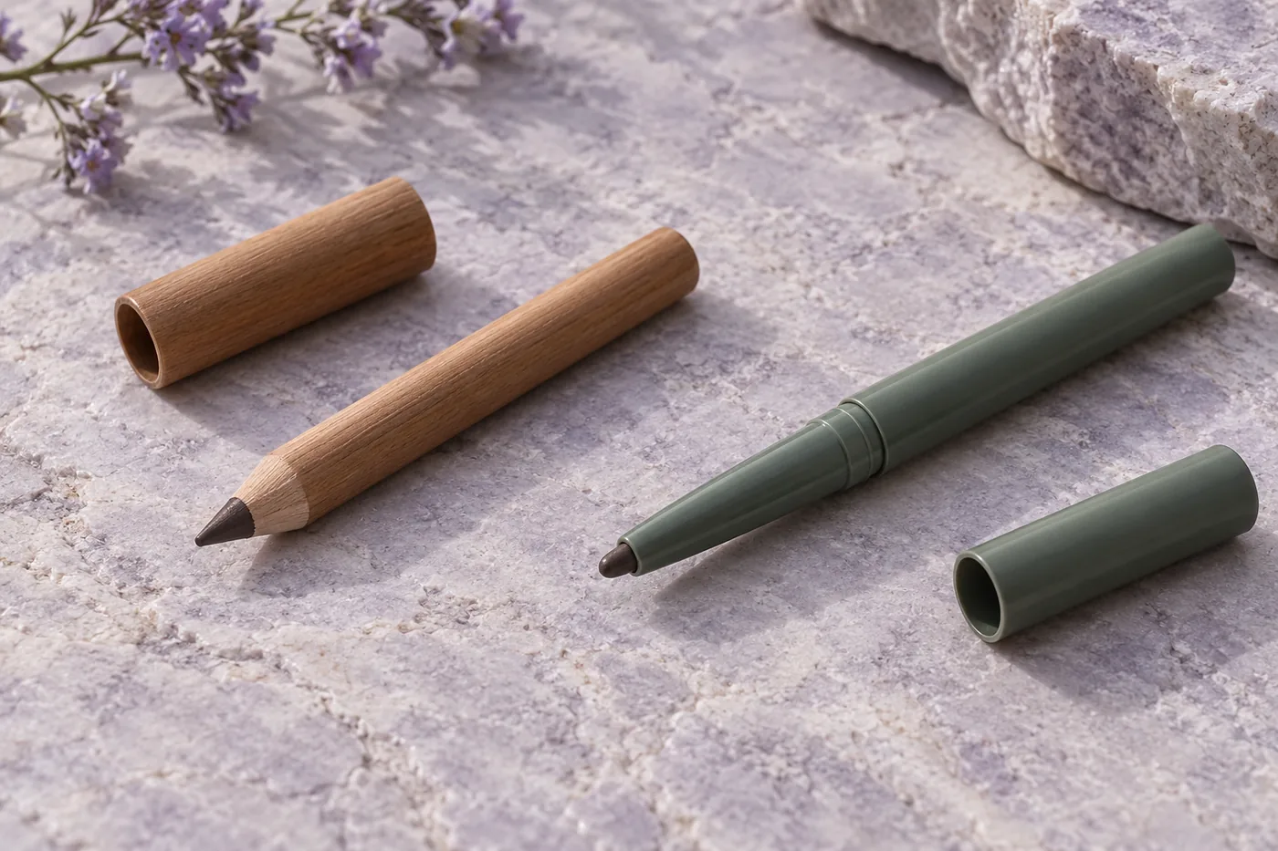 Wooden cosmetic pencil and green retractable-style eye pencil with separate caps on lilac stone