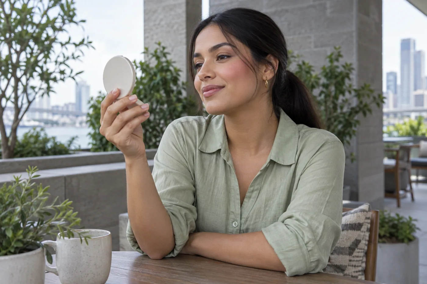 Mulher confere blush rosa discreto em um espelho compacto em terraço externo sombreado