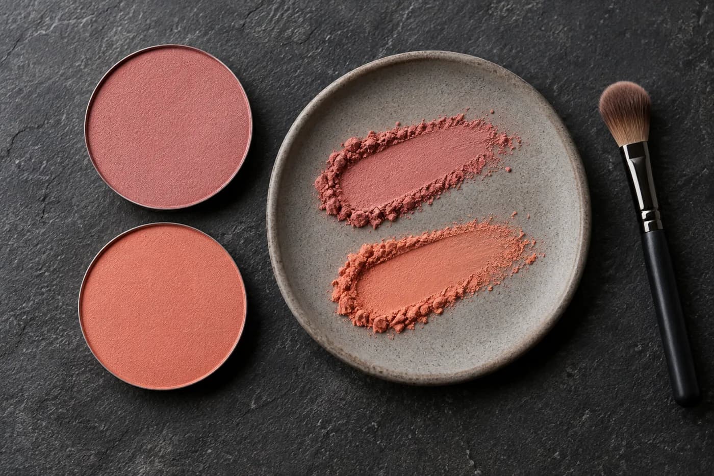 Blushes rosa e coral com amostras de tamanho semelhante em uma paleta de cerâmica cinza