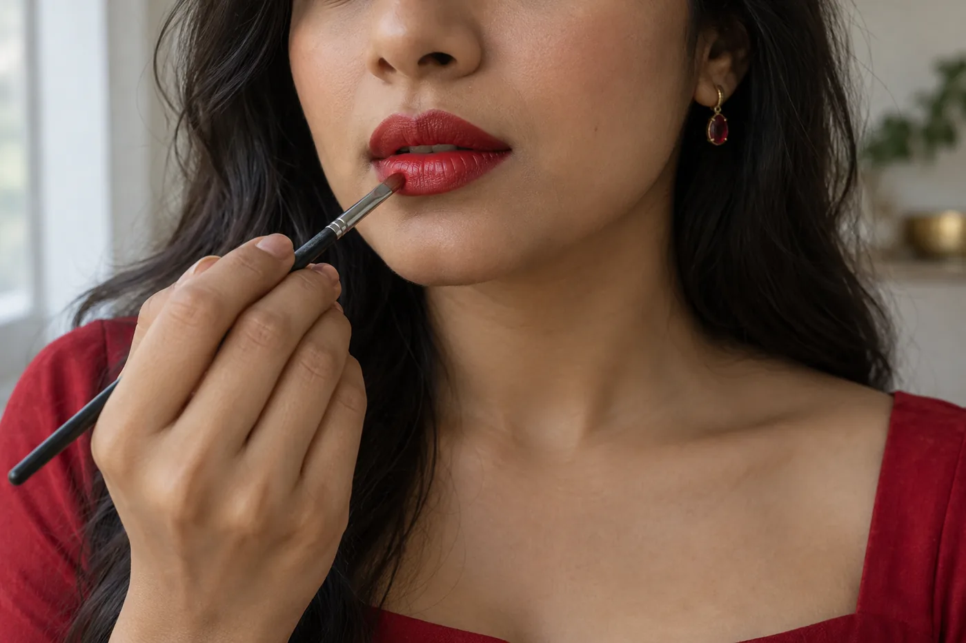 Young South Asian adult applying red lipstick with a brush, with a red dress neckline visible below the lips