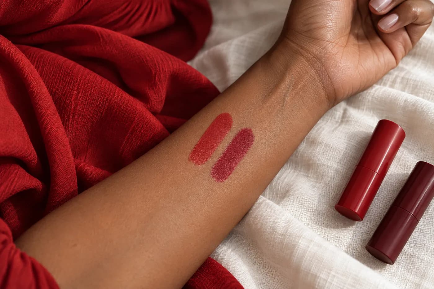 Two orange-red and berry-red lip swatches on a medium-brown forearm beside red fabric folds and plain closed cosmetics on ivory linen