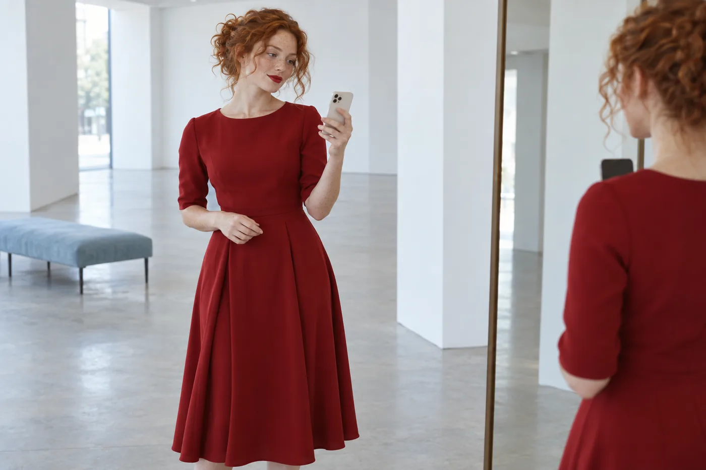 Freckled young adult with copper curls in a red dress checking an outfit beside a tall mirror in a bright gallery lobby