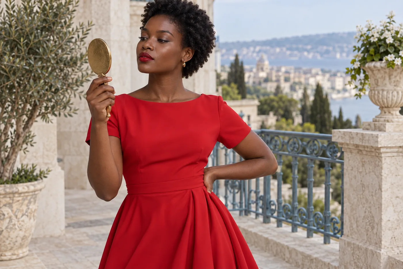 Young Black adult with short natural coils checks red lips in a compact mirror on a limestone terrace with a blue-gray railing