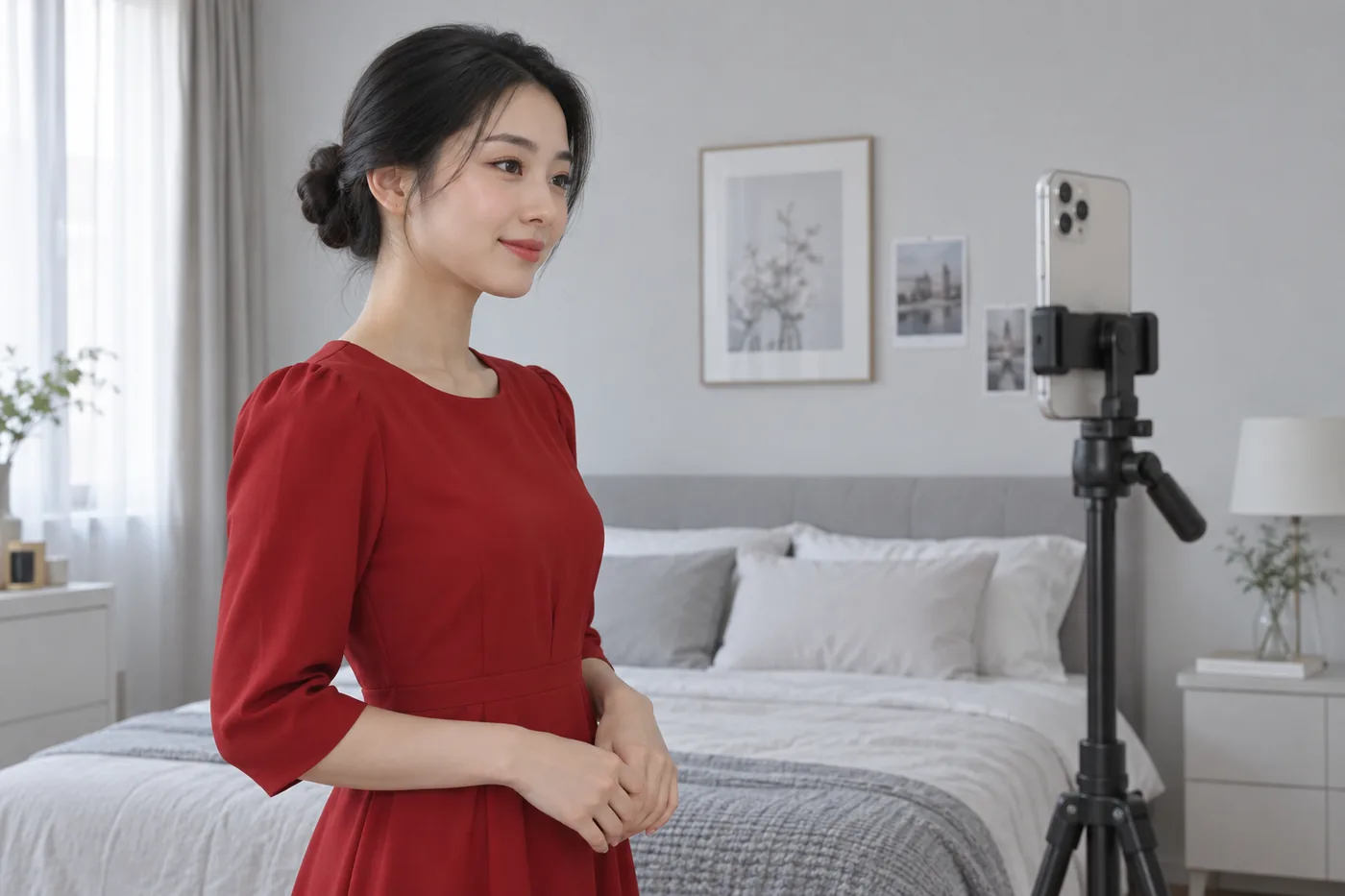 Young East Asian adult with a low dark bun in a red dress faces a phone on a tripod in a gray bedroom