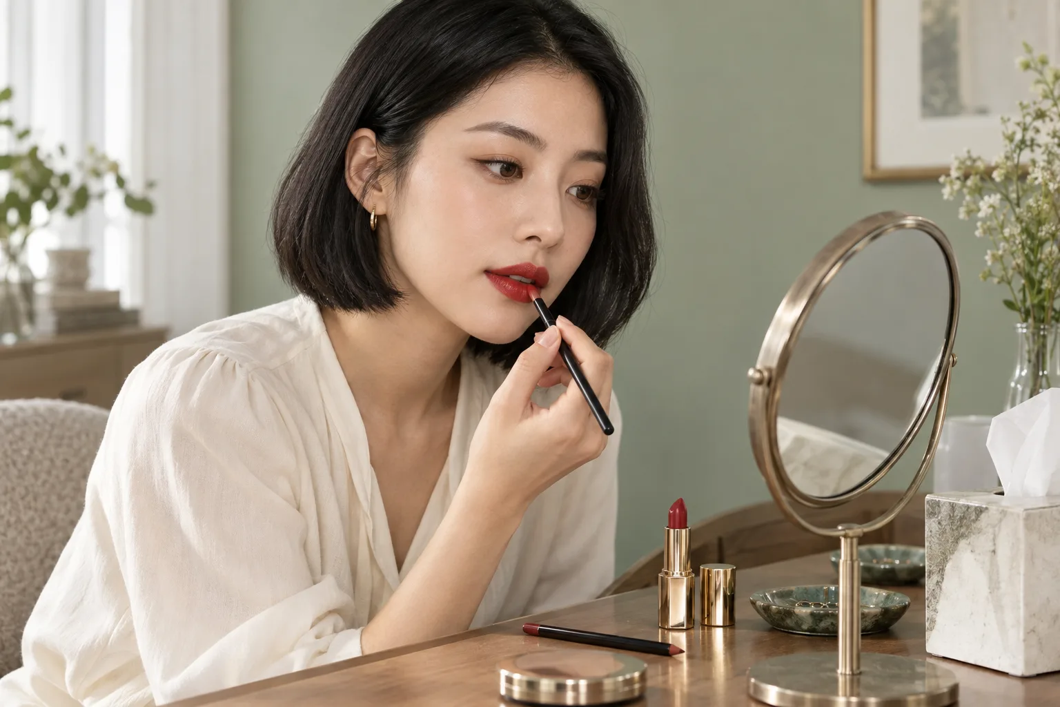 Junge ostasiatische Frau trägt an einem sanft beleuchteten Schminktisch ausgewogenen roten Lippenstift mit einem Lippenpinsel auf