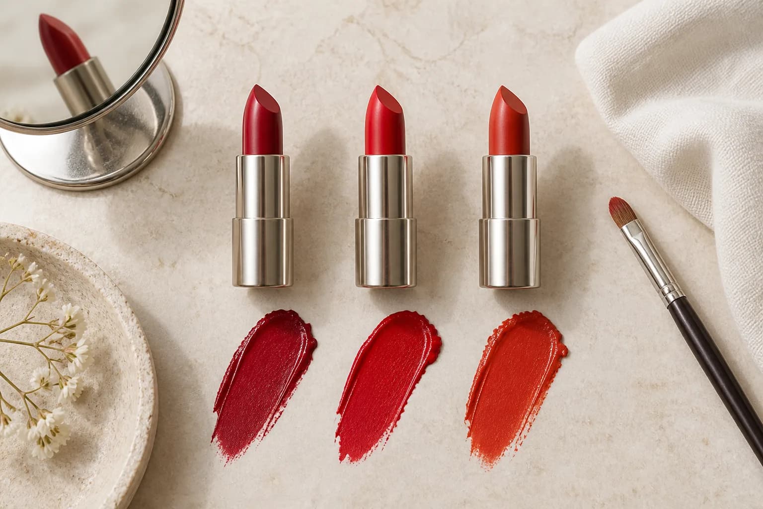 Drei Lippenstifte ohne Markenaufdruck mit passenden kühlen, neutralen und warmen roten Farbstrichen auf einem hellen Steintisch