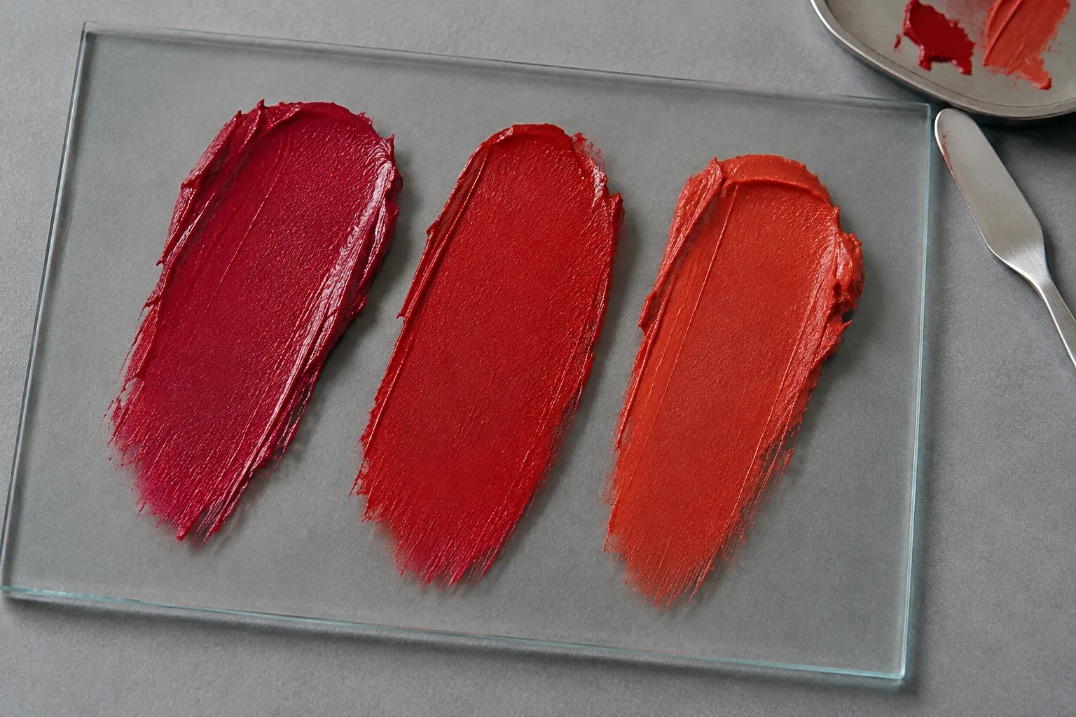 Cool crimson, balanced red and warm orange red lipstick textures painted as separate swatches on clear glass