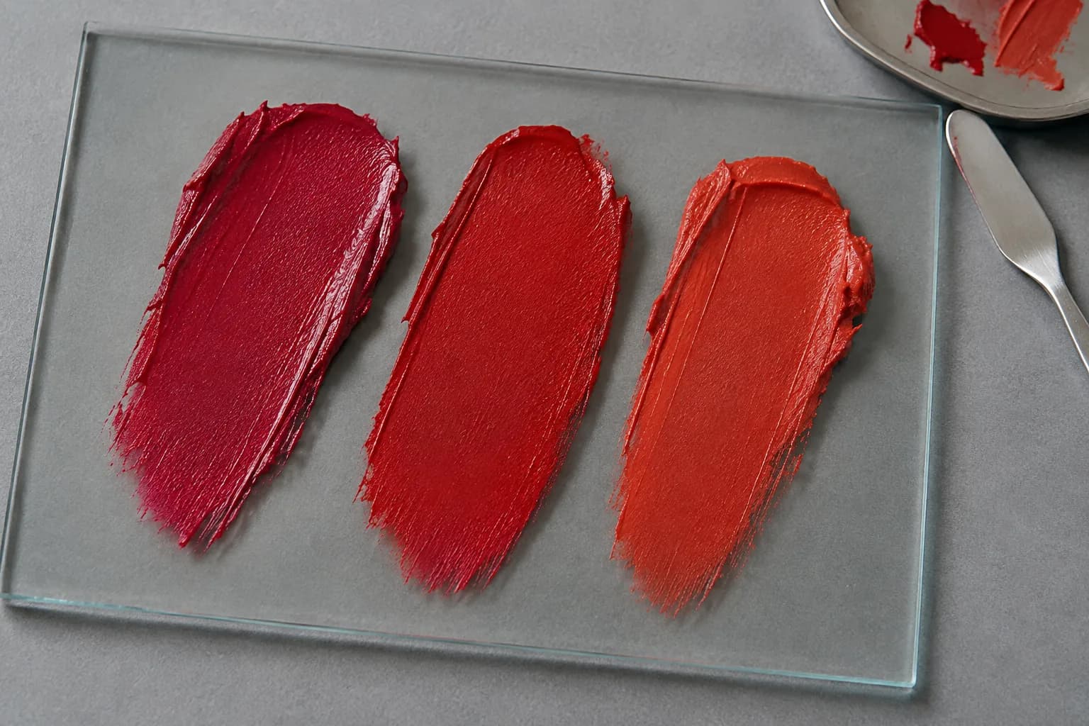 Kühles Karminrot, ausgewogenes Rot und warmes Orangerot als getrennte Lippenstiftstriche auf klarem Glas