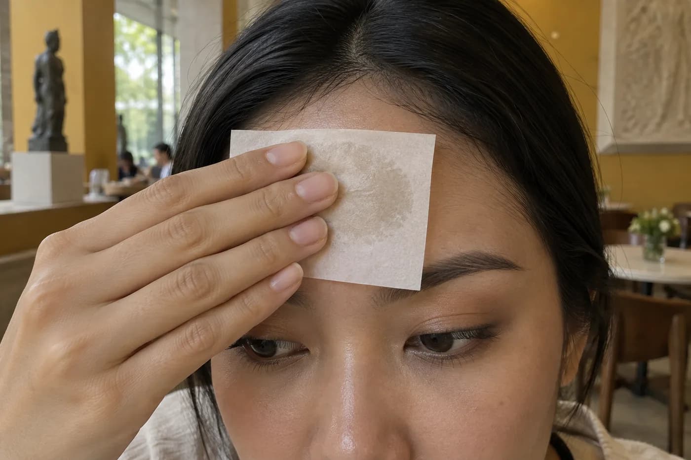 Woman pressing a fresh blotting paper onto the center of her forehead in soft café light
