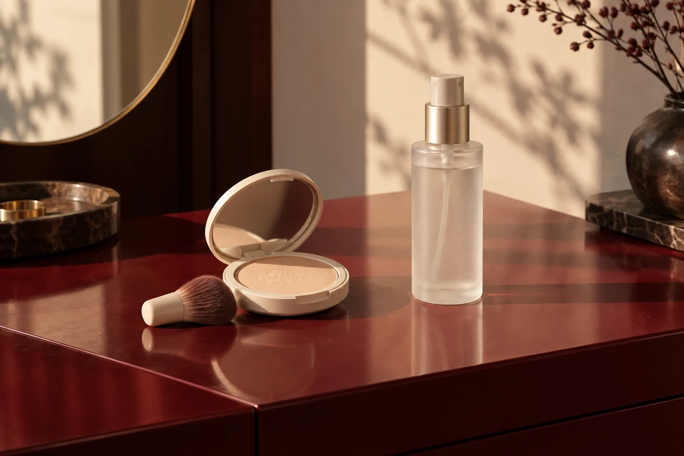 Setting powder compact, small brush and mist bottle on a burgundy shelf in directional light