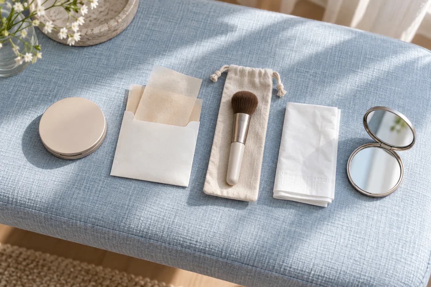 Compact powder, fresh blotting papers, protected small brush and mirror arranged separately on blue linen