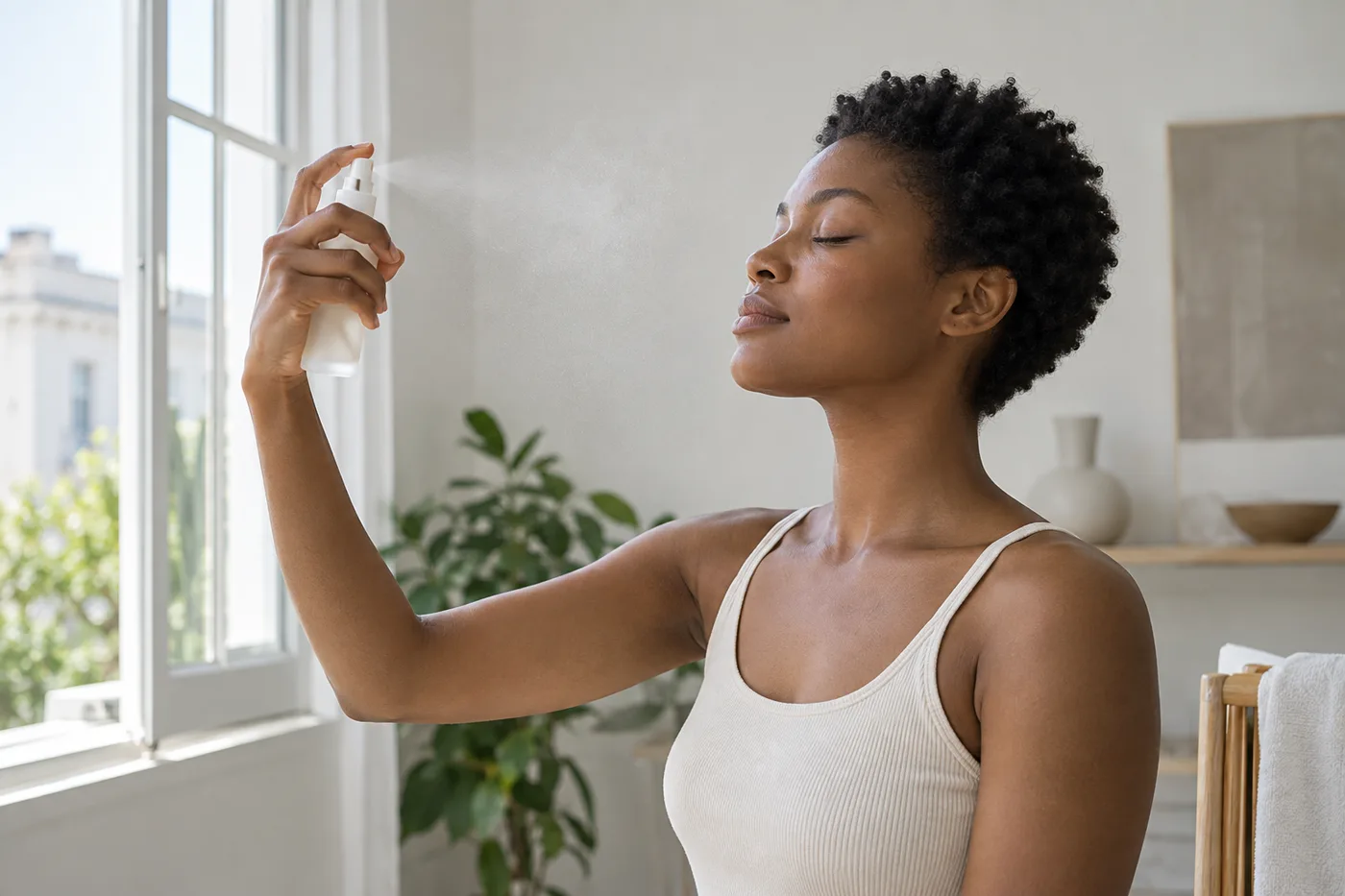 Young woman with closed eyes holding an unbranded mist bottle at arm distance near an open studio window