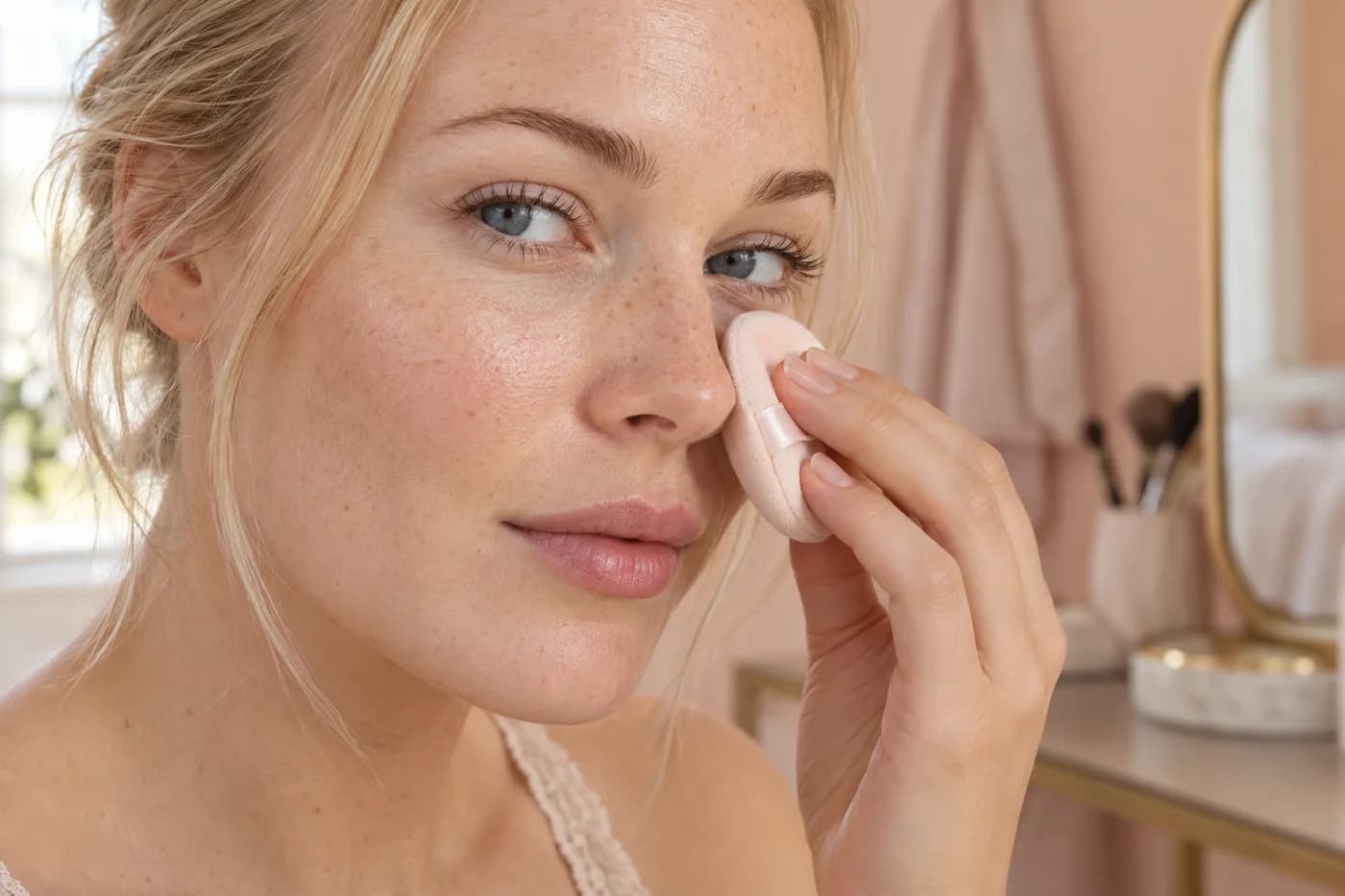 Young woman gently pressing a small powder puff beside her nose while leaving her freckled cheek lightly finished