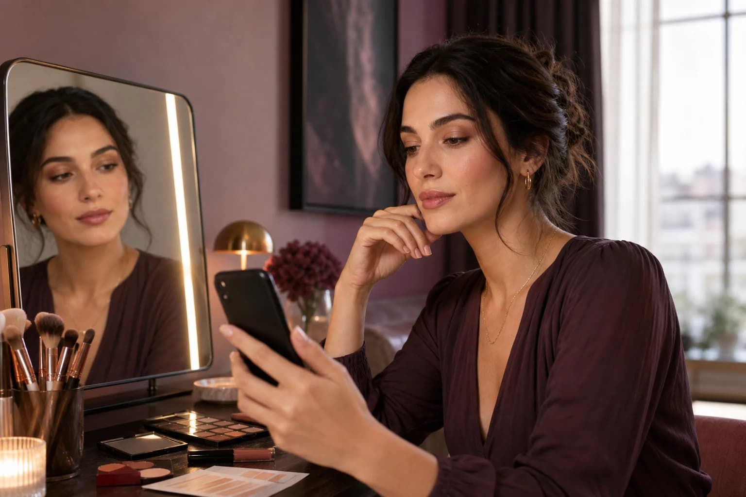 Mujer comparando un maquillaje soft glam en el móvil frente a un espejo de tocador