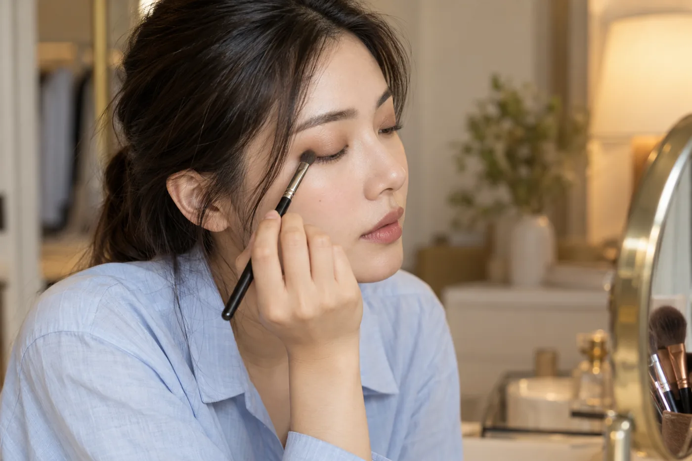 Young East Asian adult in a pale blue shirt places a small brush at the outer upper eyelid in a beige dressing room