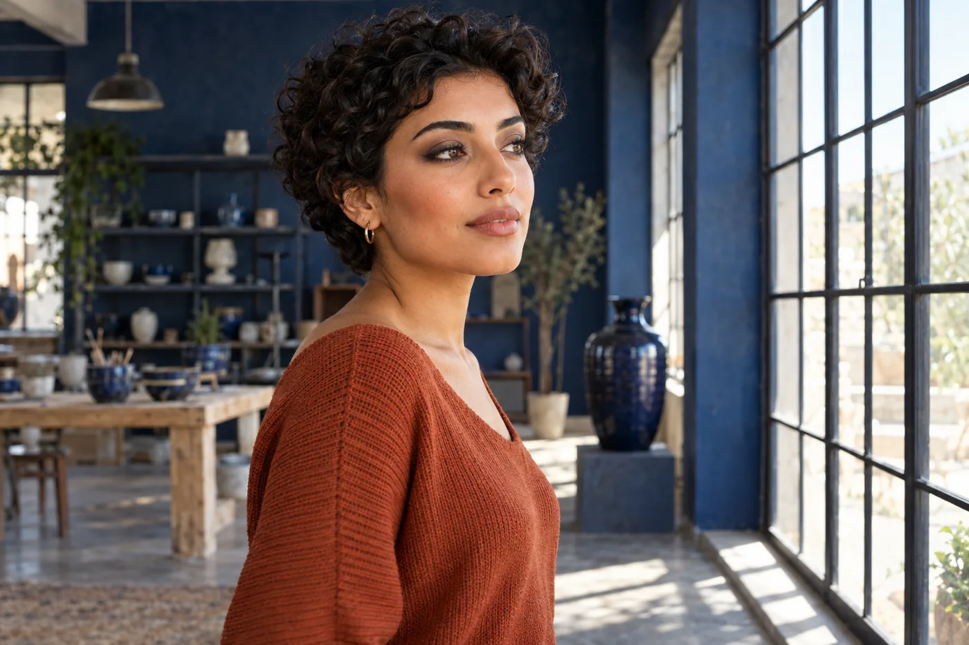 Young adult with olive skin, dark short curls and a rust sweater checks taupe smoky eyes by windows in an indigo ceramics studio