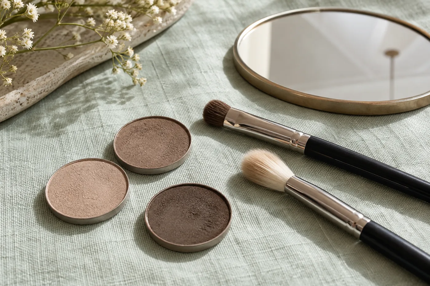 Three taupe eye-shadow pans, a compact brush, a soft blending brush and a round mirror on pale mint linen