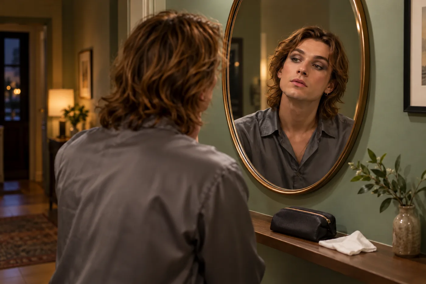 Young man in a gray shirt checks charcoal-taupe eye makeup in an oval mirror in a sage hallway