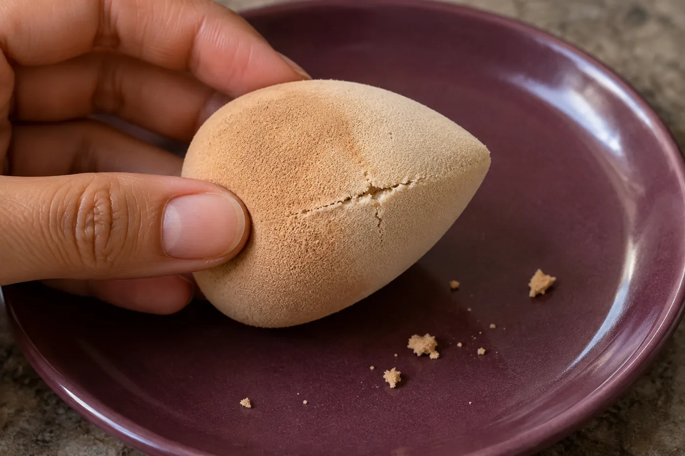 Dedos adultos inspecionam rasgo em esponja bege acima de pequenos farelos de espuma em prato ameixa