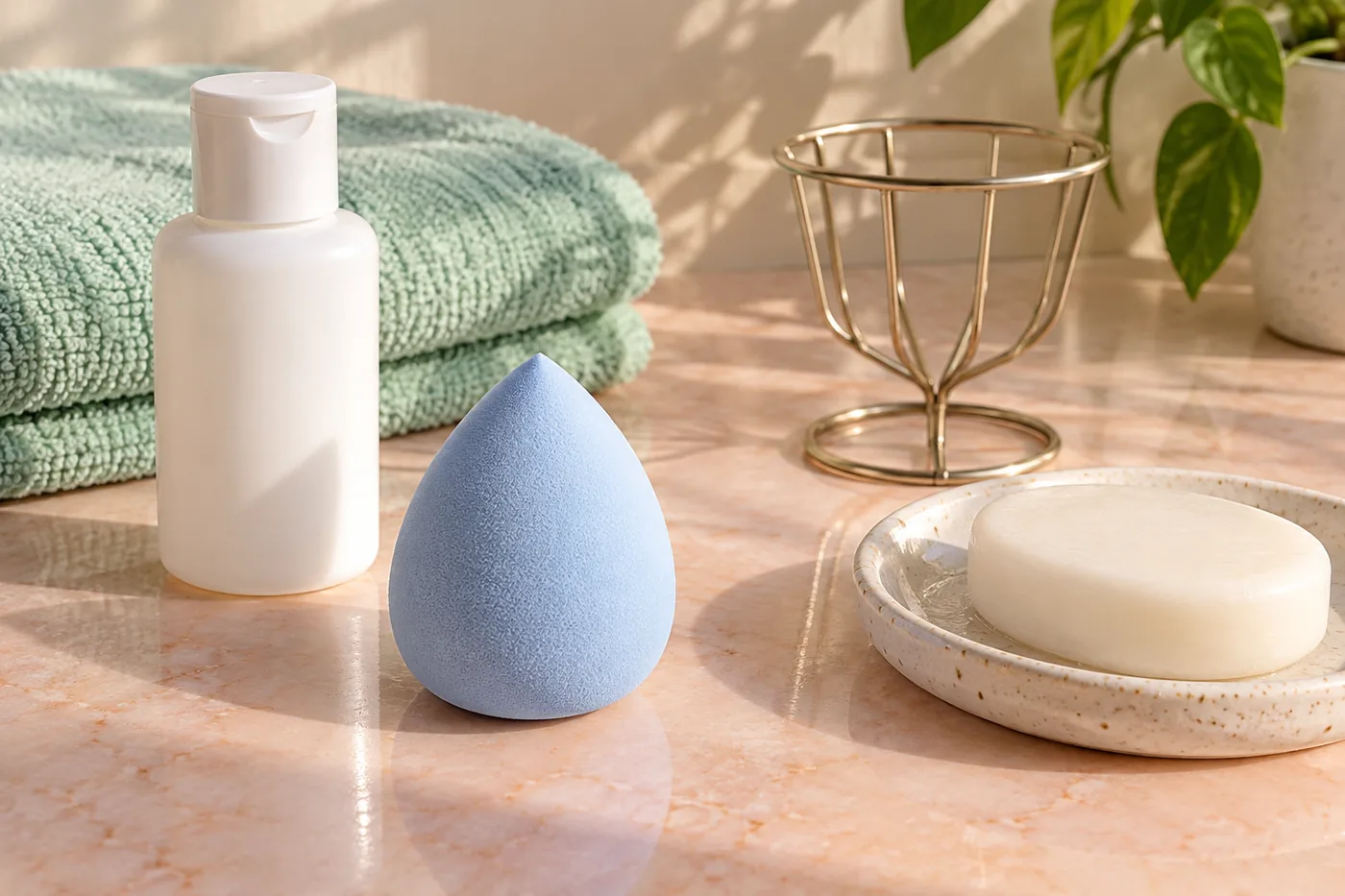 Esponja azul-clara, frasco branco sem marca, barra de limpeza, toalha menta e suporte de arame sobre bancada pêssego